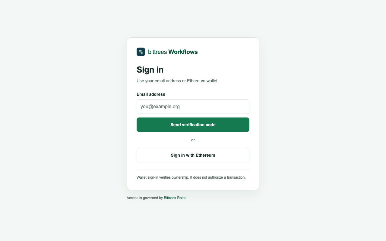Bittrees Workflows Ethereum and email sign-in entrance; private workflows are not shown